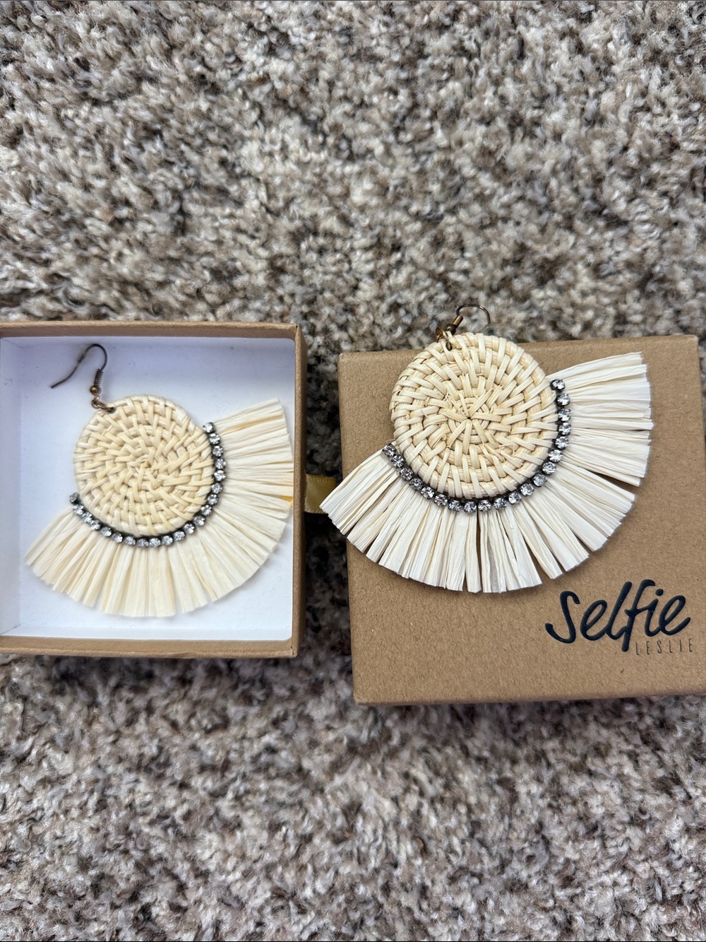Selfie Leslie Cream Raffia Fan Fringe Drop Earrings with Rhinestone Accent